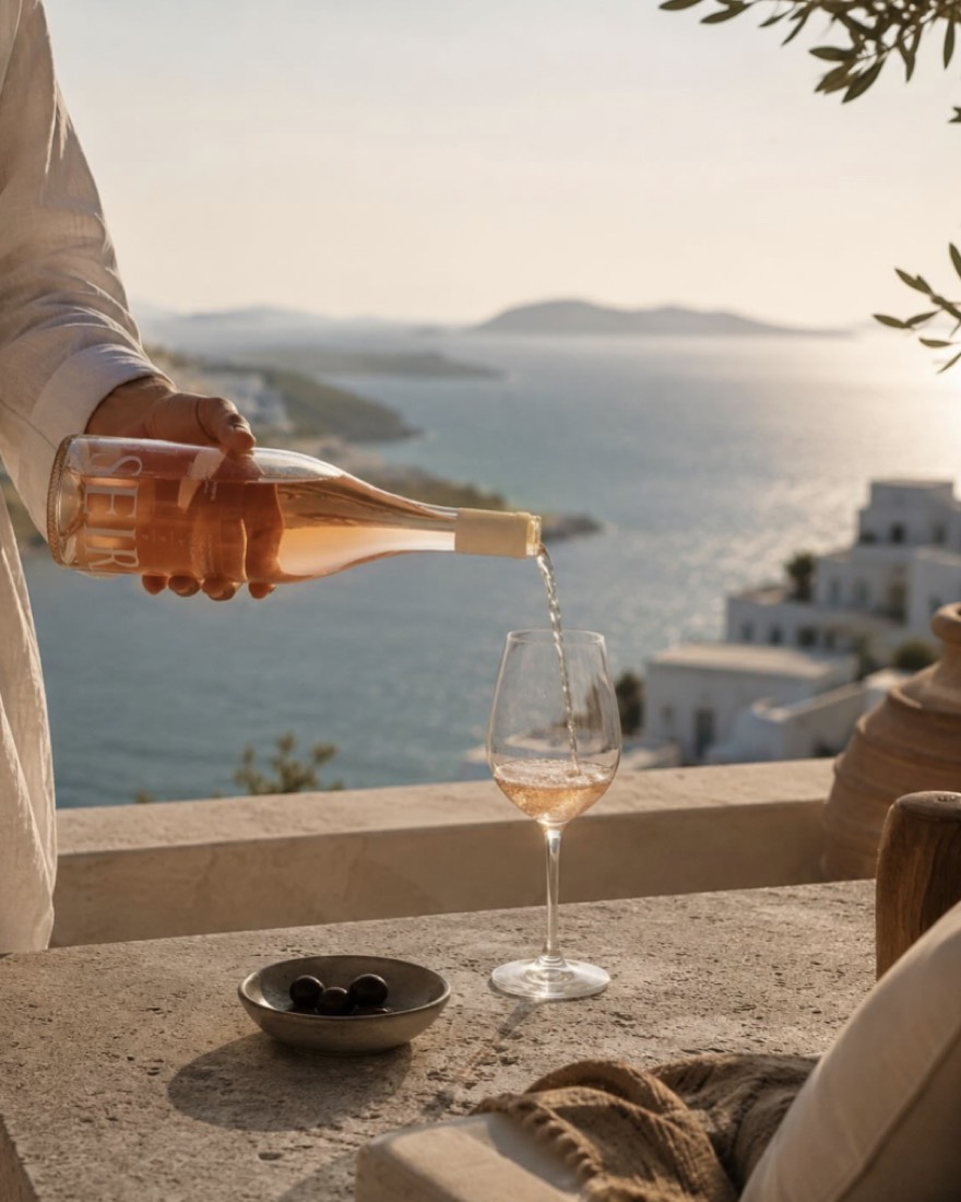 Rosé poured at sunset on a terrace above the sea on Paros